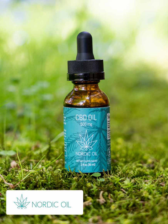 CBD oil bottle presented in grass